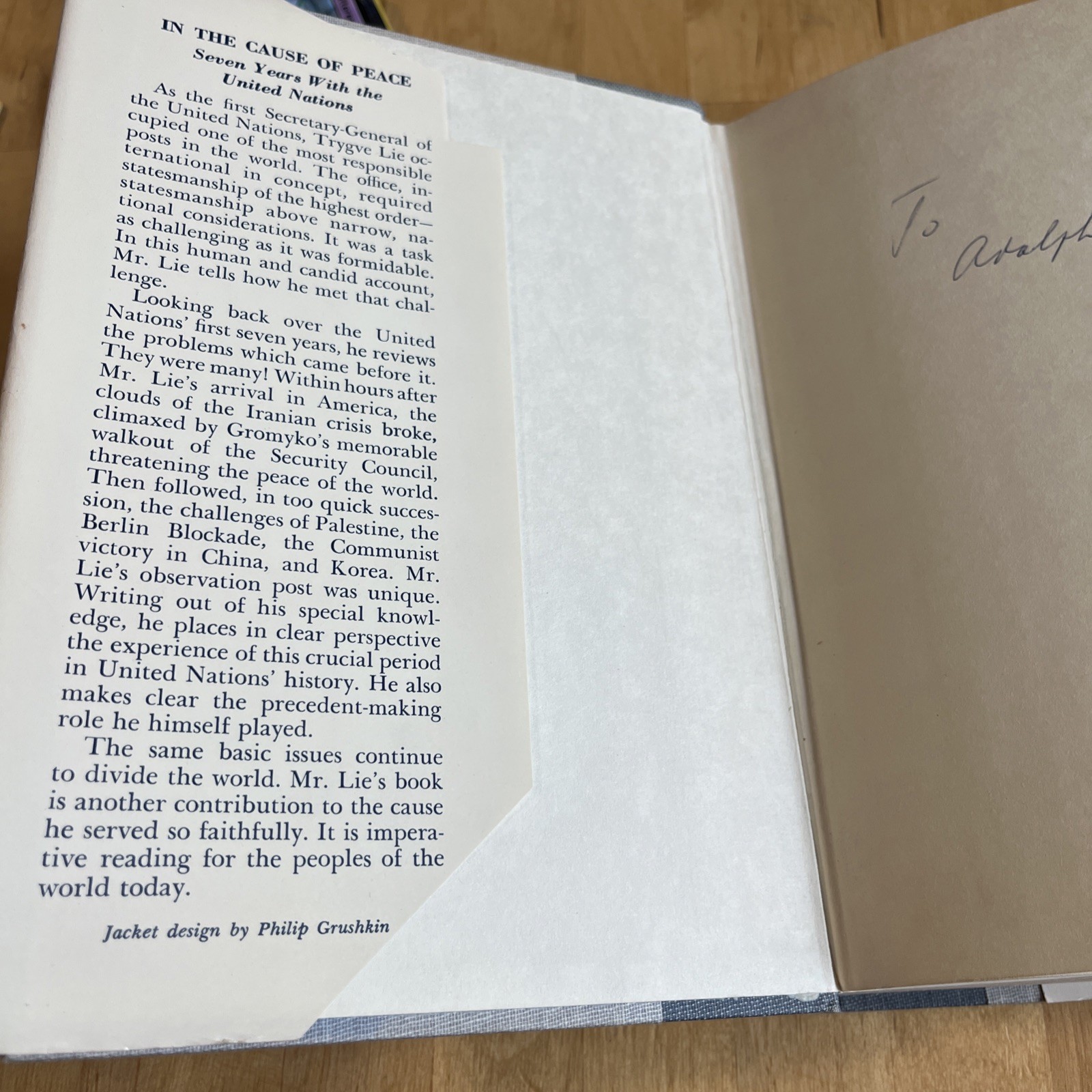 Trygve Lie’s IN THE CAUSE OF PEACE Inscribed Signed 1st Edition Printing 1954