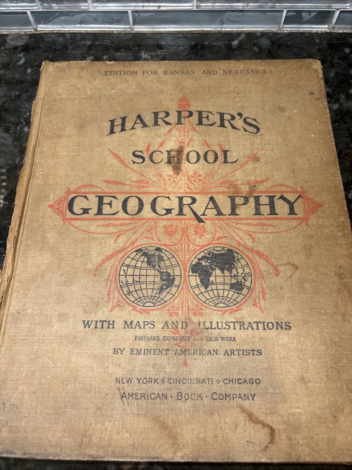 1896 Harper’s School Geography w/ Maps Illus. Antique Book Kansas & Nebraska