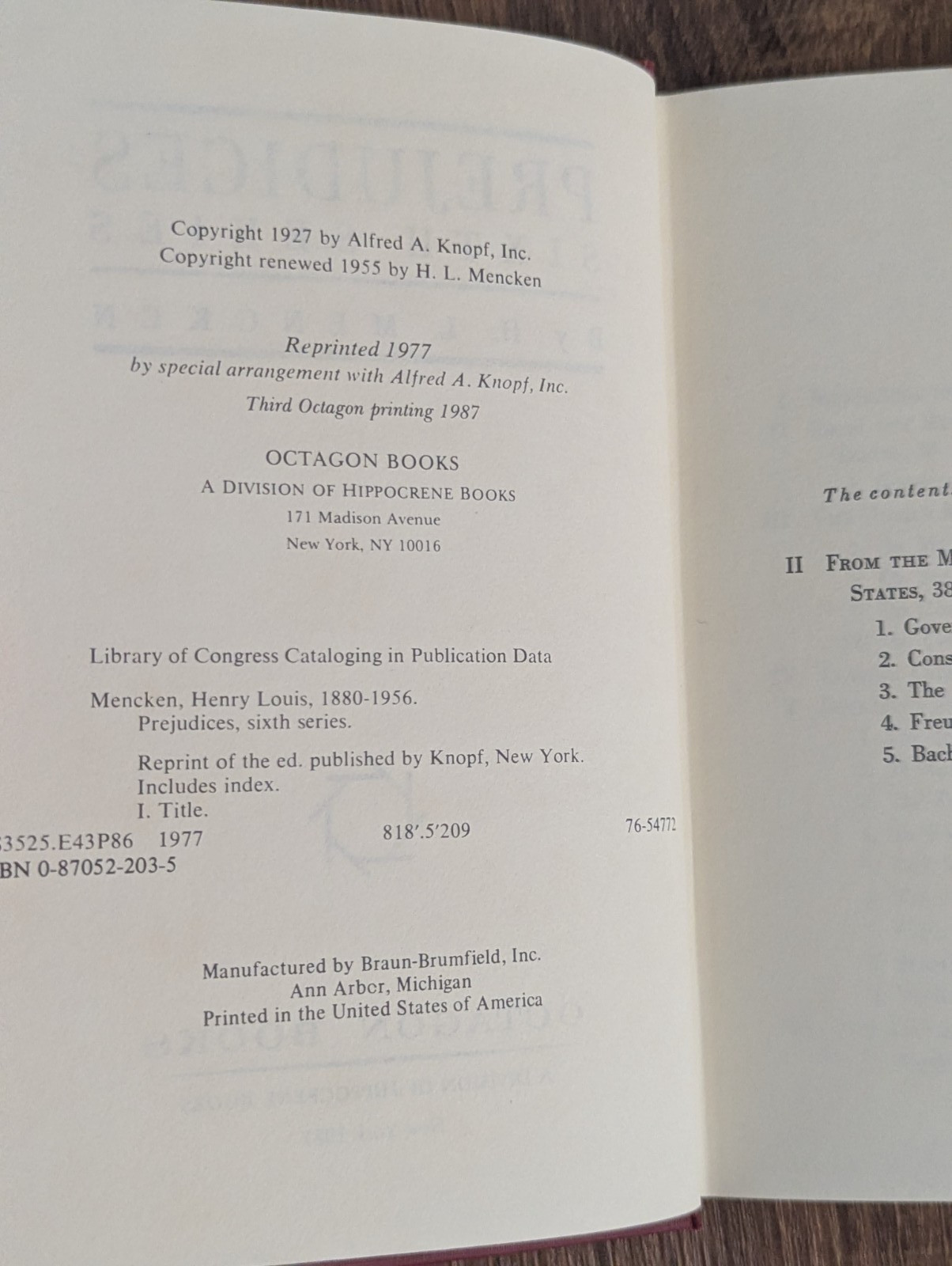 H. L. Mencken Prejudices: Sixth Series Octagon 1987 Hardcover