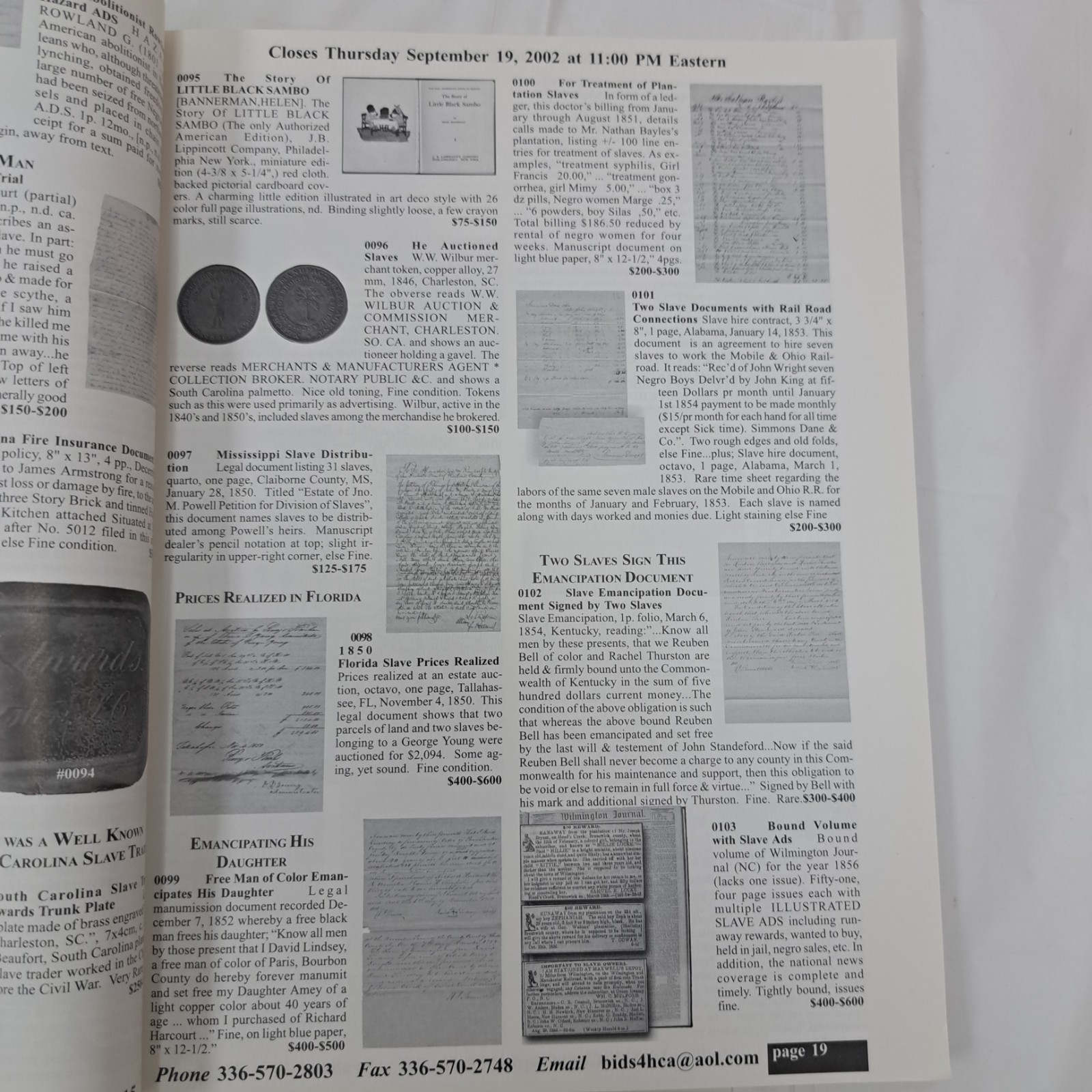 HCA Historical Collectible Auctions Absentee Auction September 19th 2002 Catalog