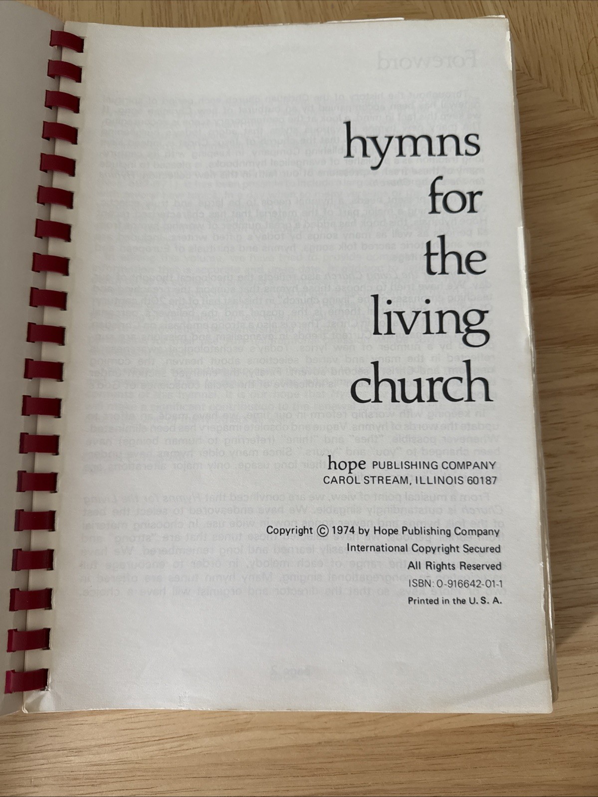 Hymns For The Living Church Hope Publishing 1974 Spiral Bound Paperback