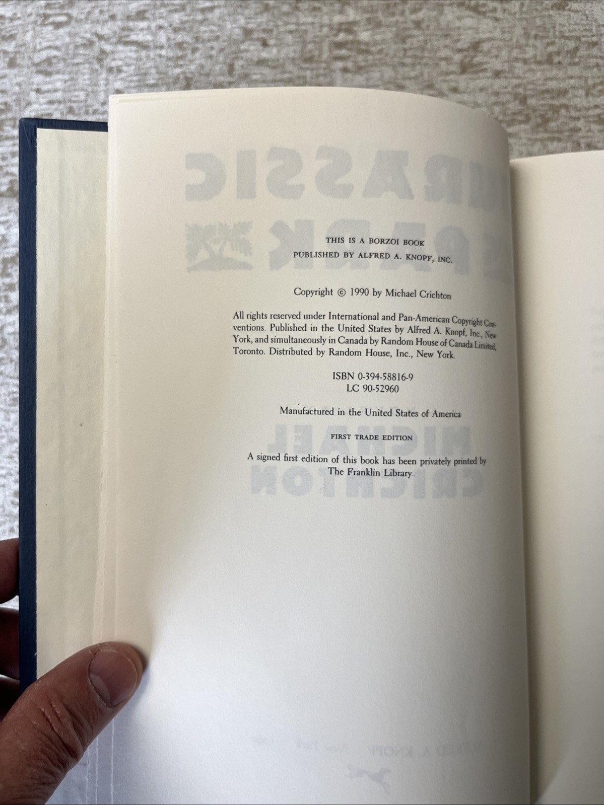 Jurassic Park, Michael Crichton. Knopf 1990. First Printing.