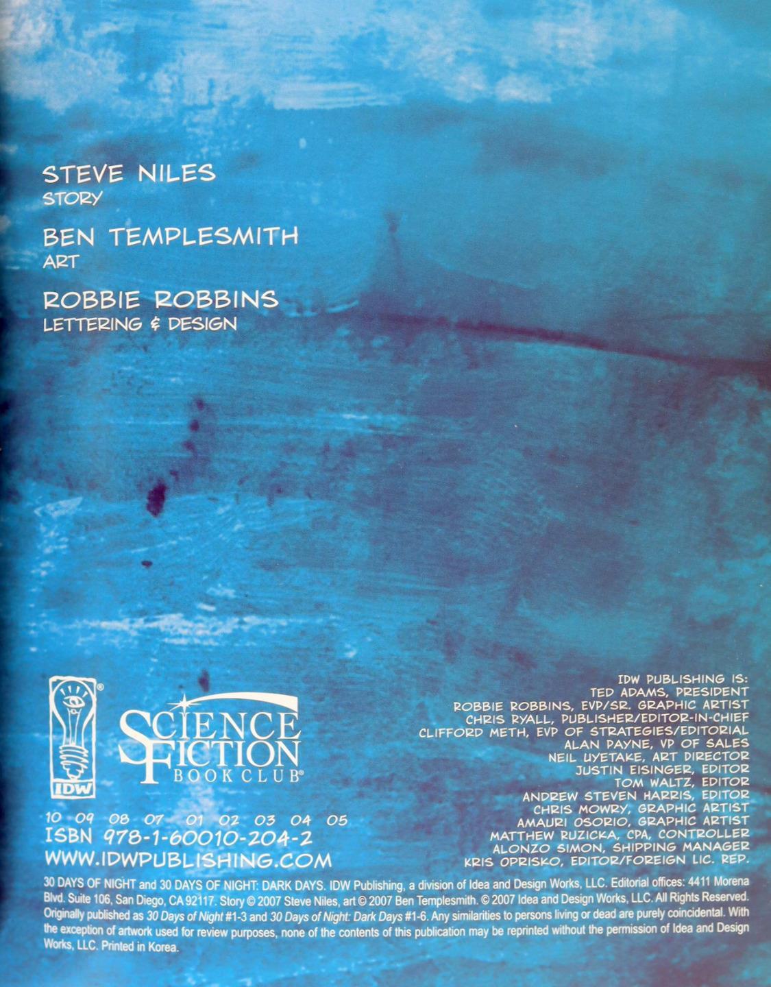 Steve Niles Ben Templesmith 2007 30 Days of Night SFBC Hardcover Edition
