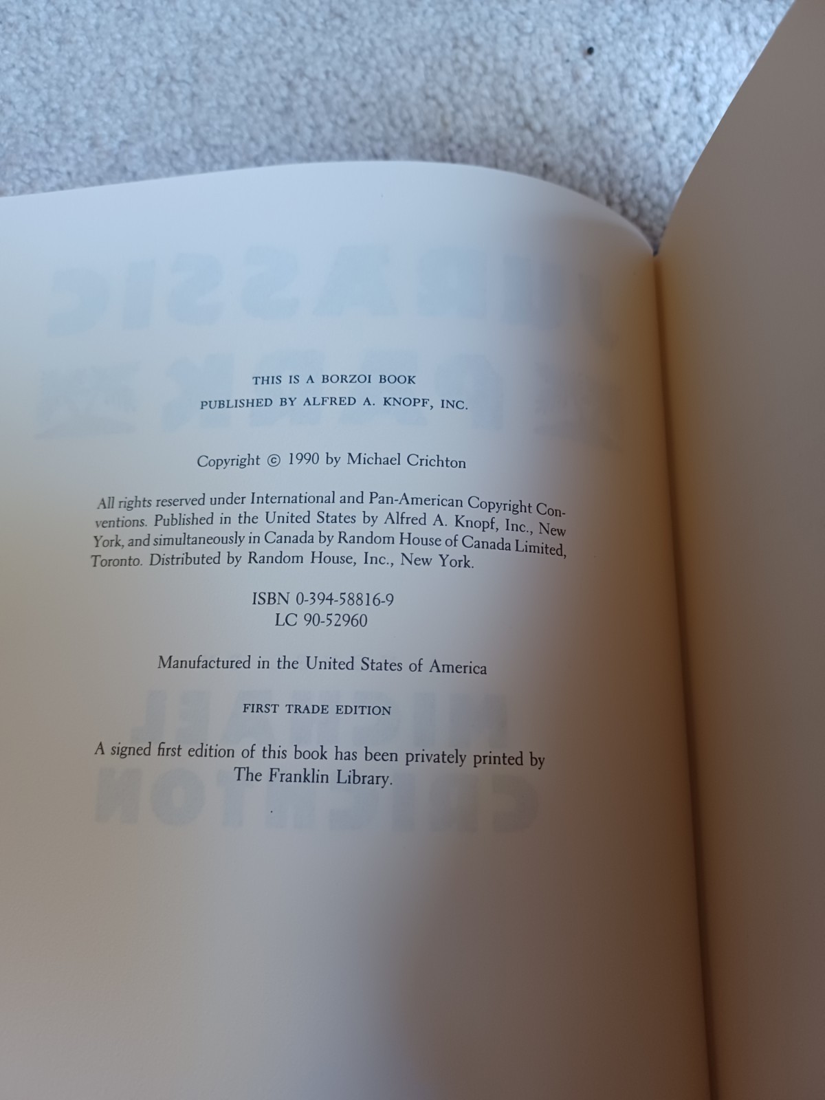 Jurassic Park first printing by Miachael Crichton in mint condition