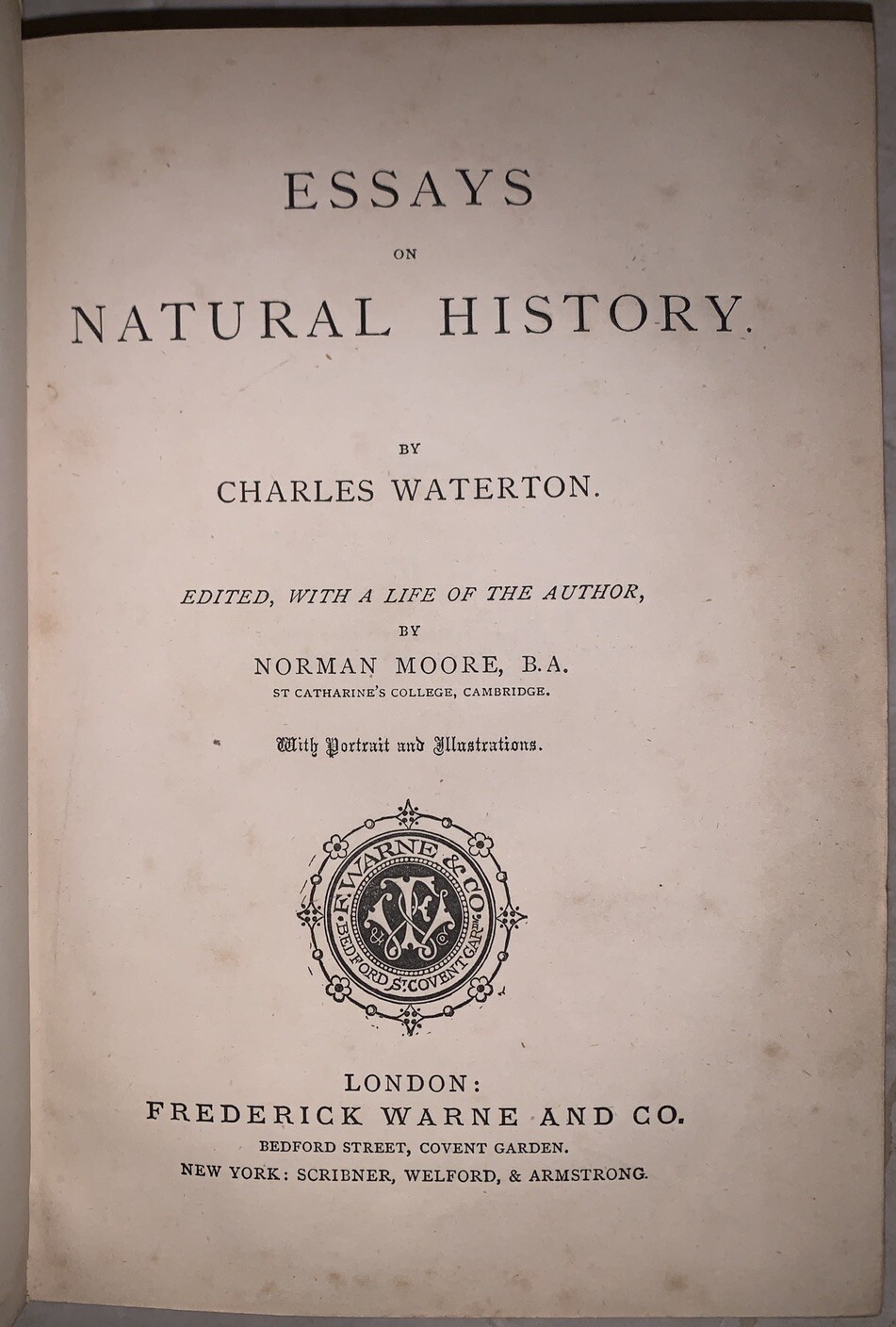 c. 1870, ESSAYS ON NATURAL HISTORY, by CHARLES WATERTON, PERIOD LEATHER BINDING
