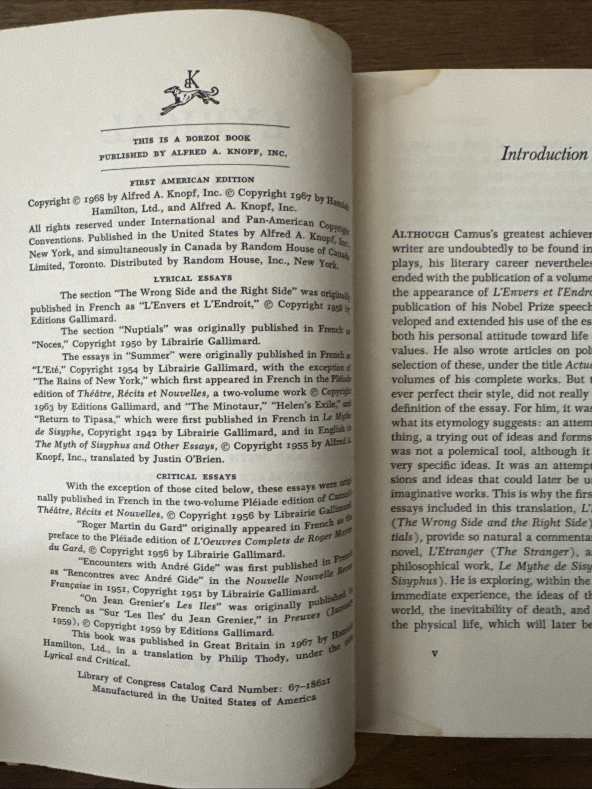Lyrical & Critical Essays Albert Camus 1968 HARDCOVER BOOK Knopf
