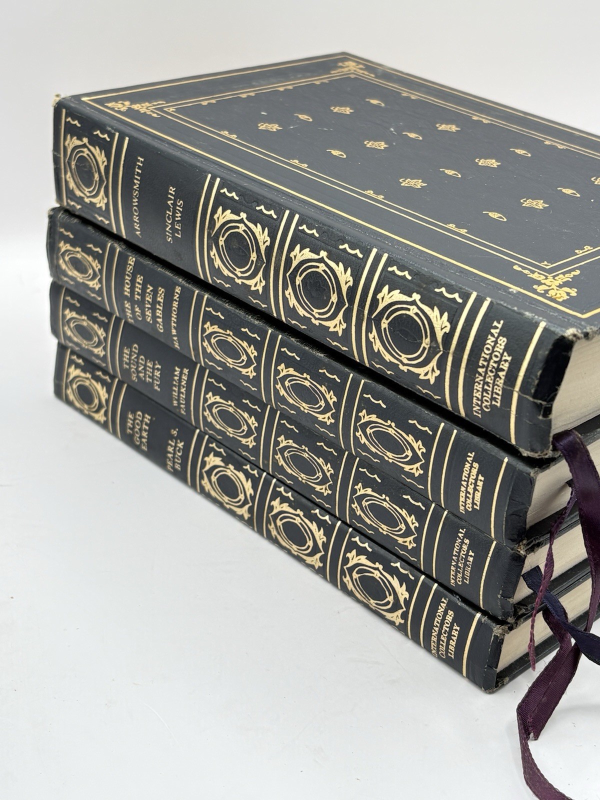 Decorative Vtg Book Set Faux Leather Dark Academia Navy Gold International Coll.