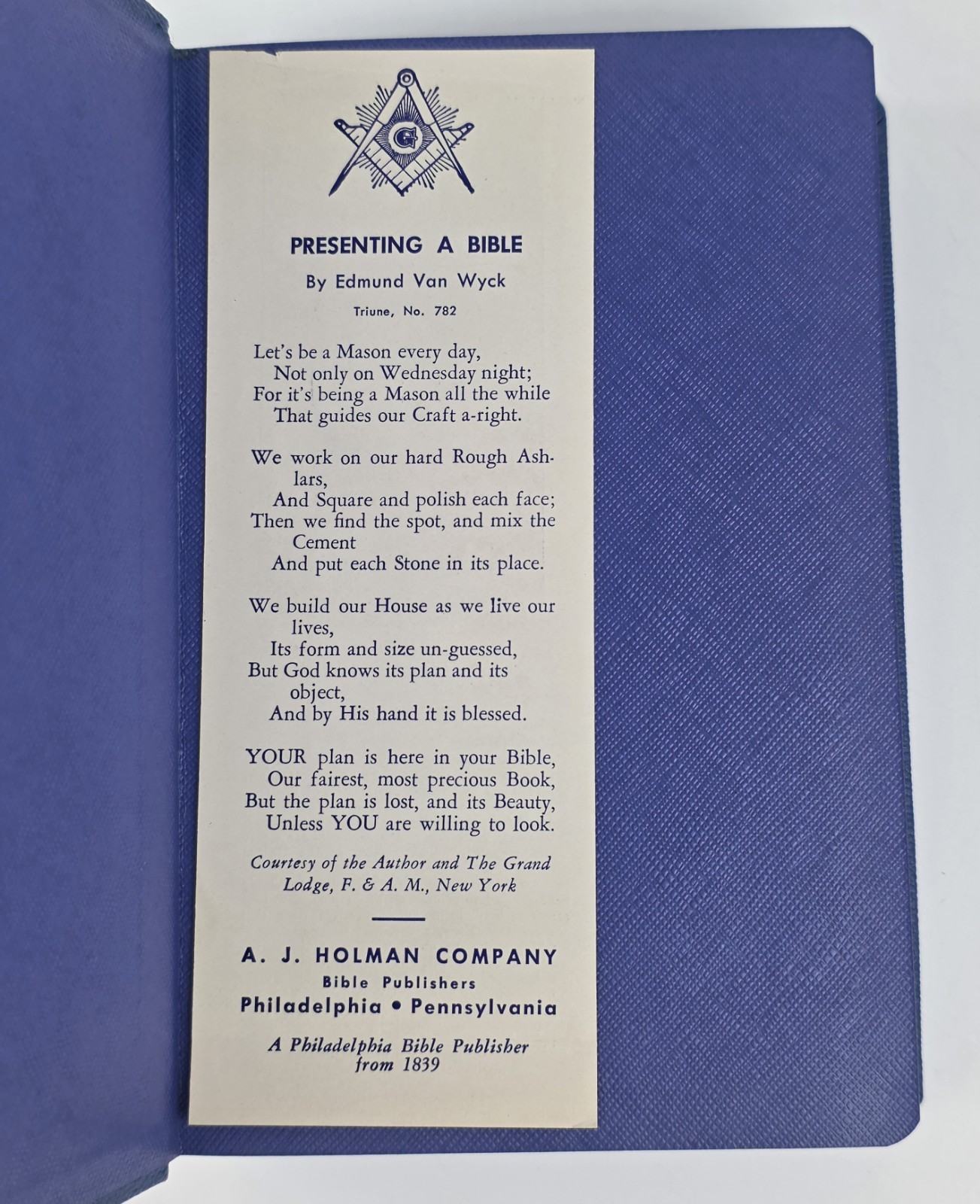 Pristine 1960s Masonic Bible Blue Holman Mt Moriah Lodge 27 NY Unused Signed KJV