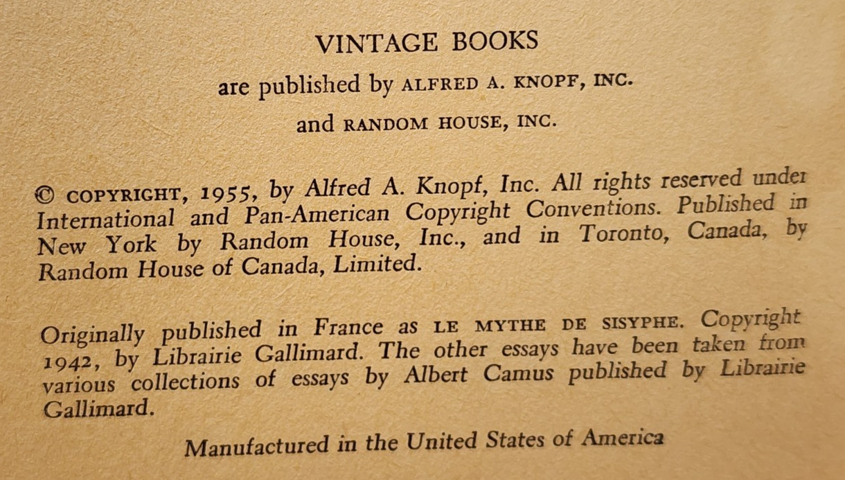 The Myth of Sisyphus and Other Essays By Albert Camus – Vintage Books 1955 PB