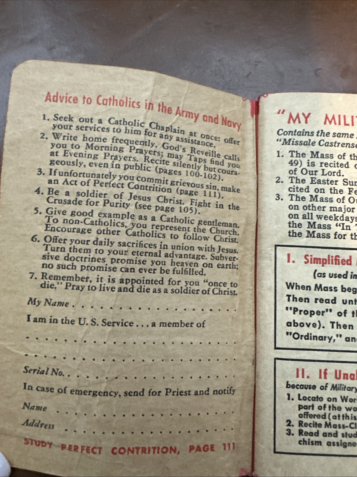1942 My Military Missal WW2 Catholic Prayer Book Rosary On Back Cover