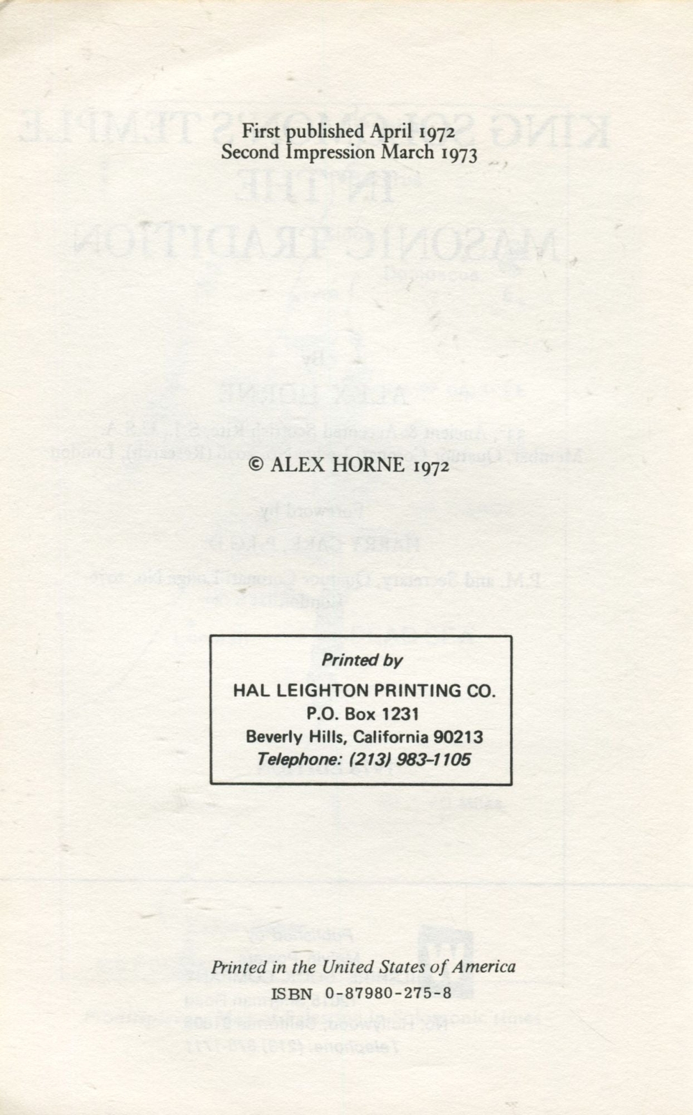 Alex Horne / King Solomon’s Temple in the Masonic Tradition 1978