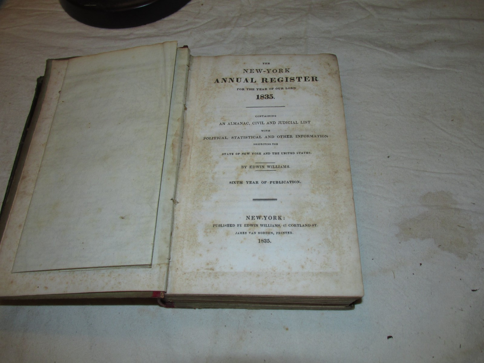1835 Williams’s New York Annual Register with map, ALMANAC, ED. WILLIAMS