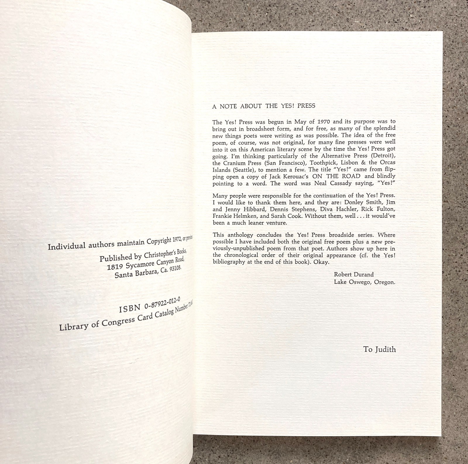 The Yes Press Anthology Jack Kerouac Diane di Prima Gary Snyder 1972