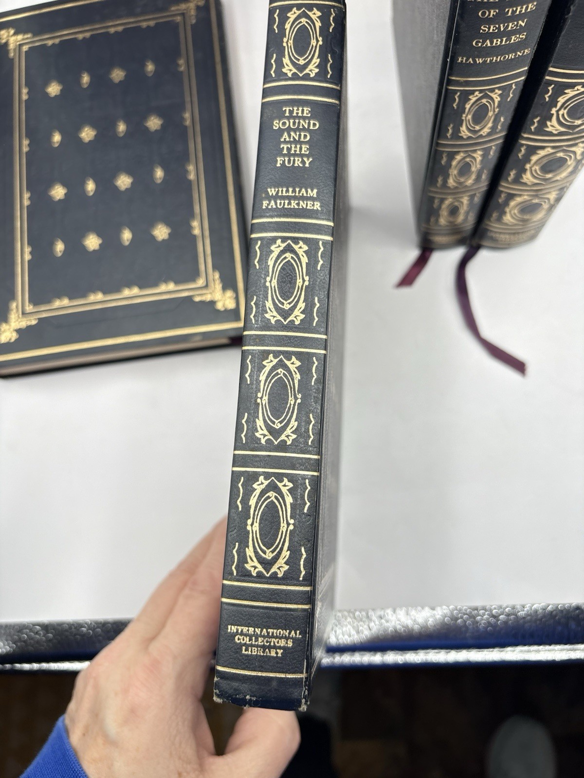 Decorative Vtg Book Set Faux Leather Dark Academia Navy Gold International Coll.
