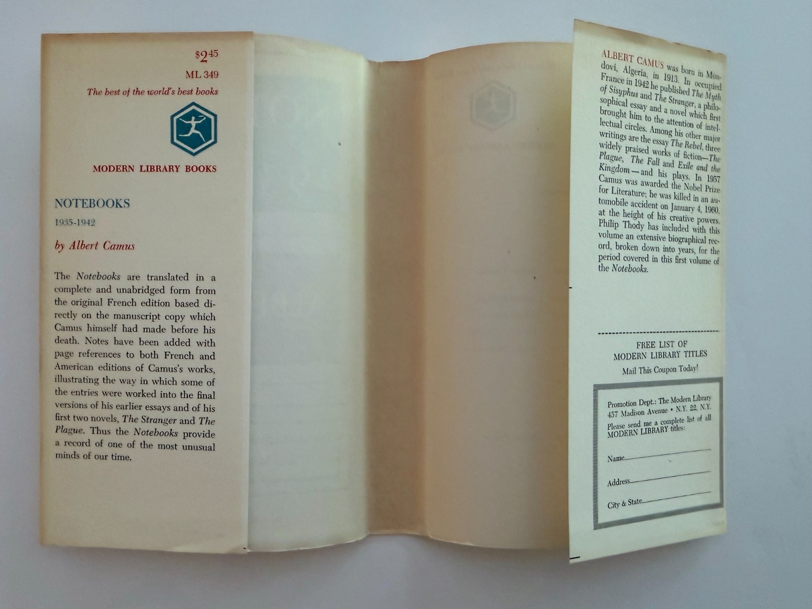 Notebooks 1935 – 1942, by Albert Camus – 1965 – 1st Modern Library, HC Book DJ