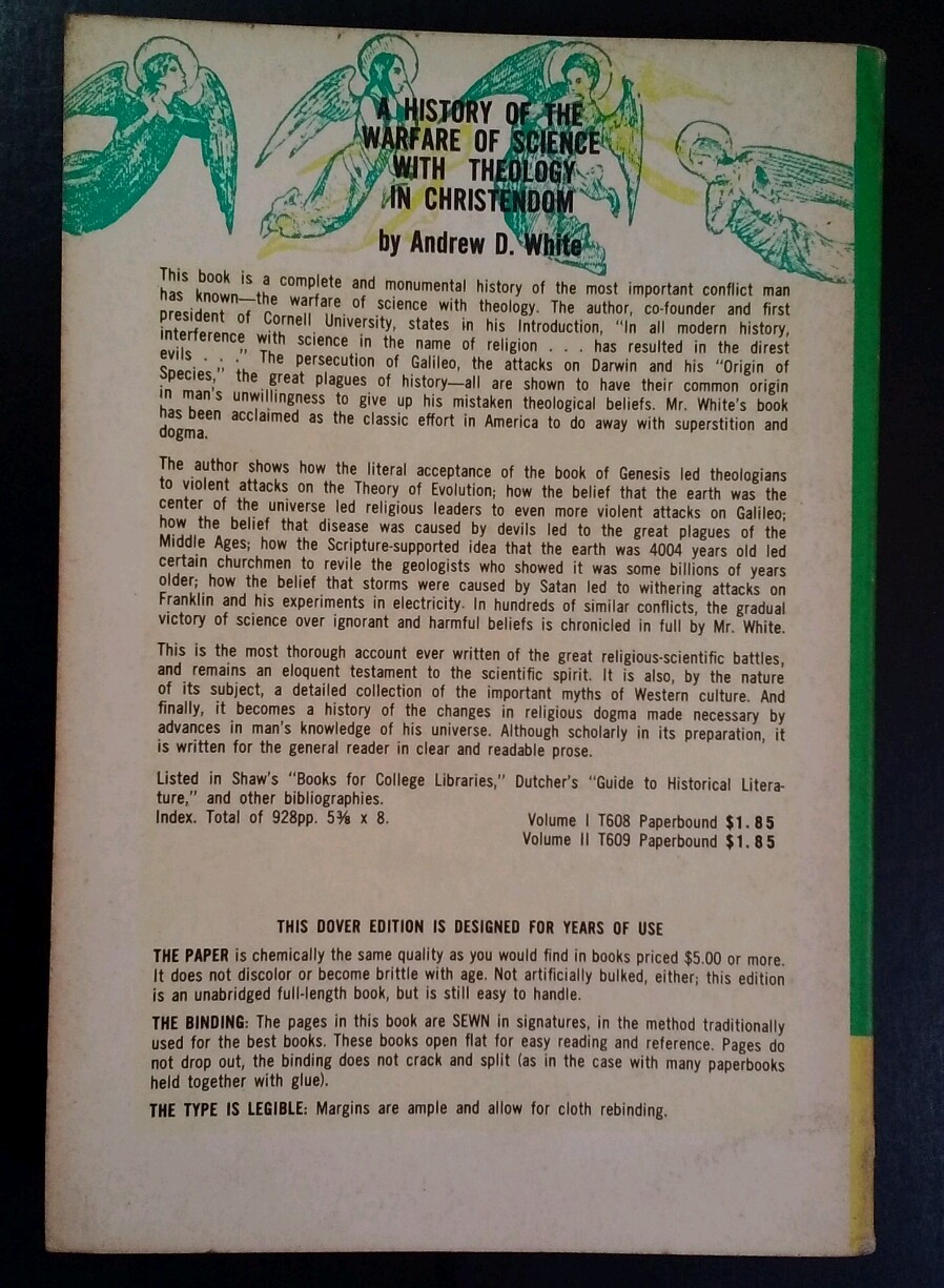 History of Warfare of Science with Theology in Christendom Vol1 RARE 1960 PB HTF