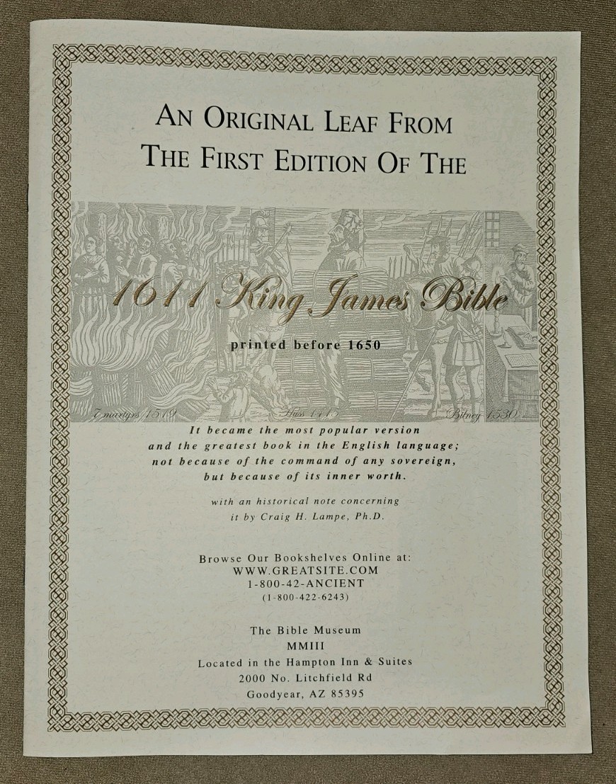 Original Leaf from the 1st Ed. of the 1611 King James Bible Printed Before 1650