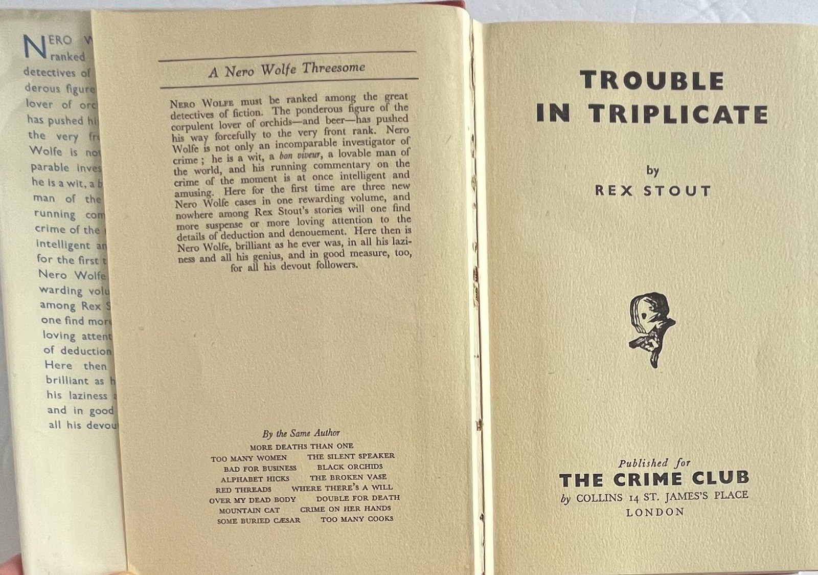 Rex Stout Trouble In Triplicate 1st EDT H/C D/J Collins Crime Club London 1949