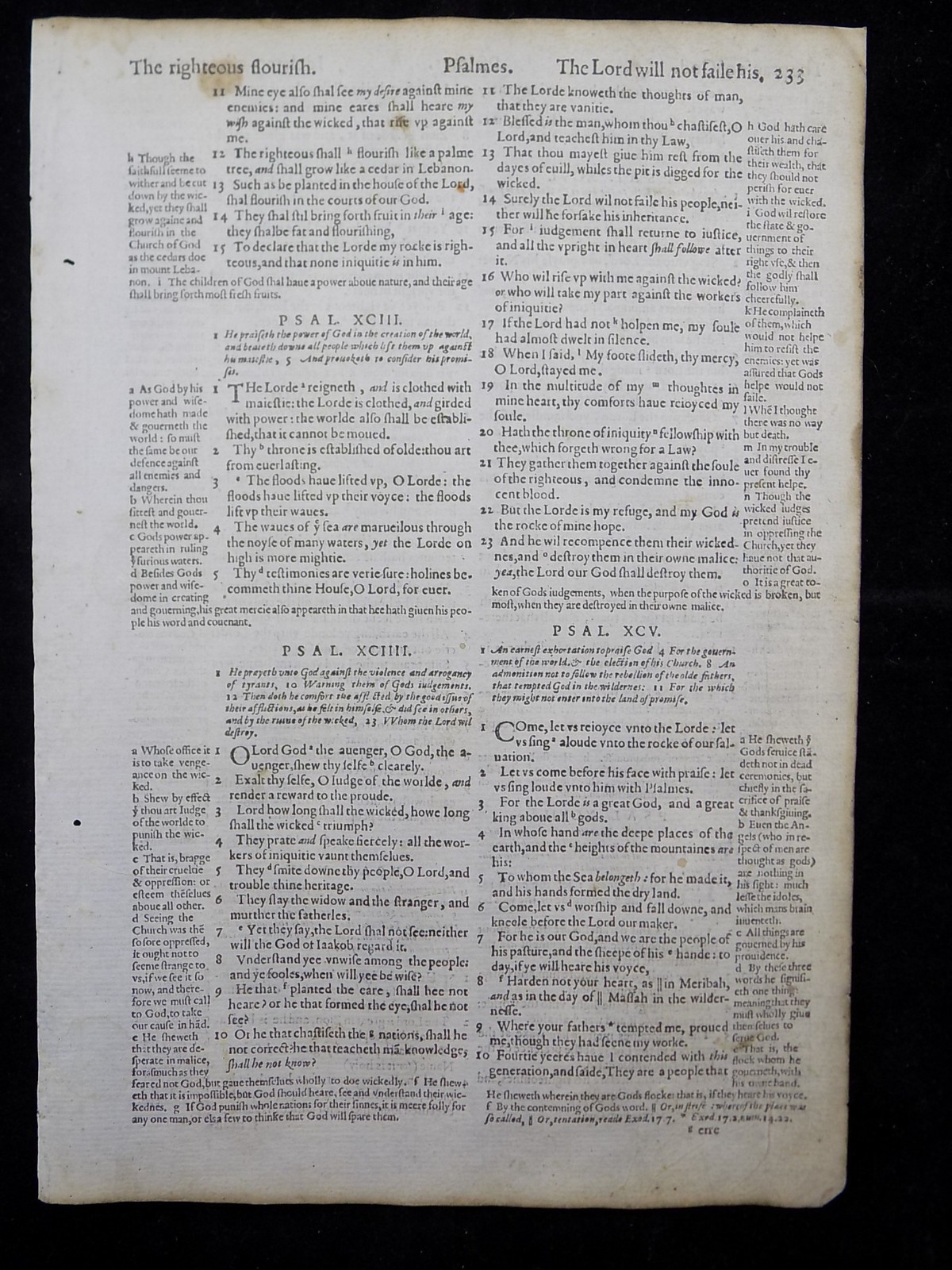 1597 GENEVA BIBLE LEAF PAGE * BOOK OF PSALMS 92:11-99:4 *LORD WILL NOT FAIL HIS