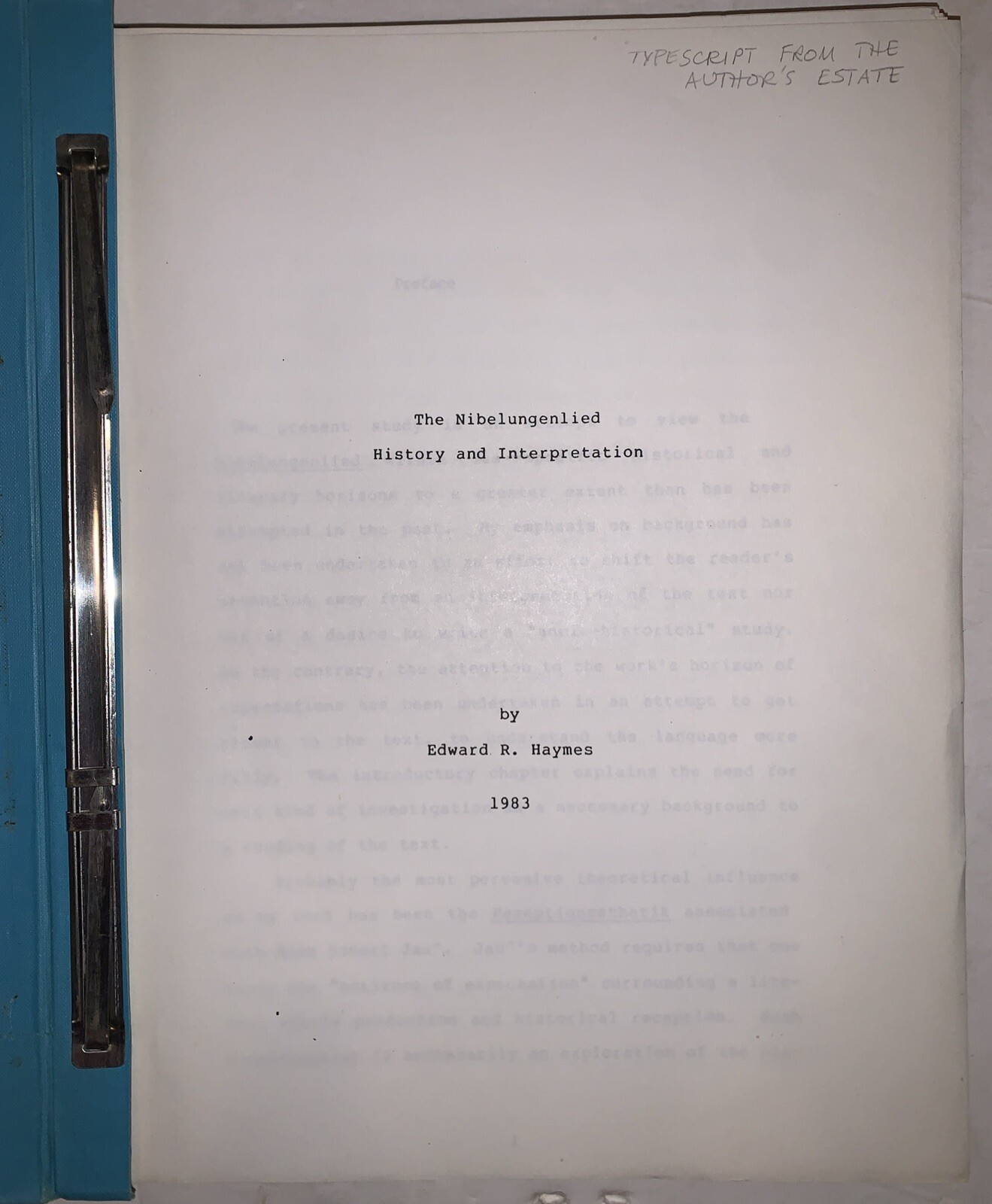 ORIGINAL TYPESCRIPT, 1983, THE NIBELUNGENLIED, by EDWARD R HAYMES, GERMANIC EPIC