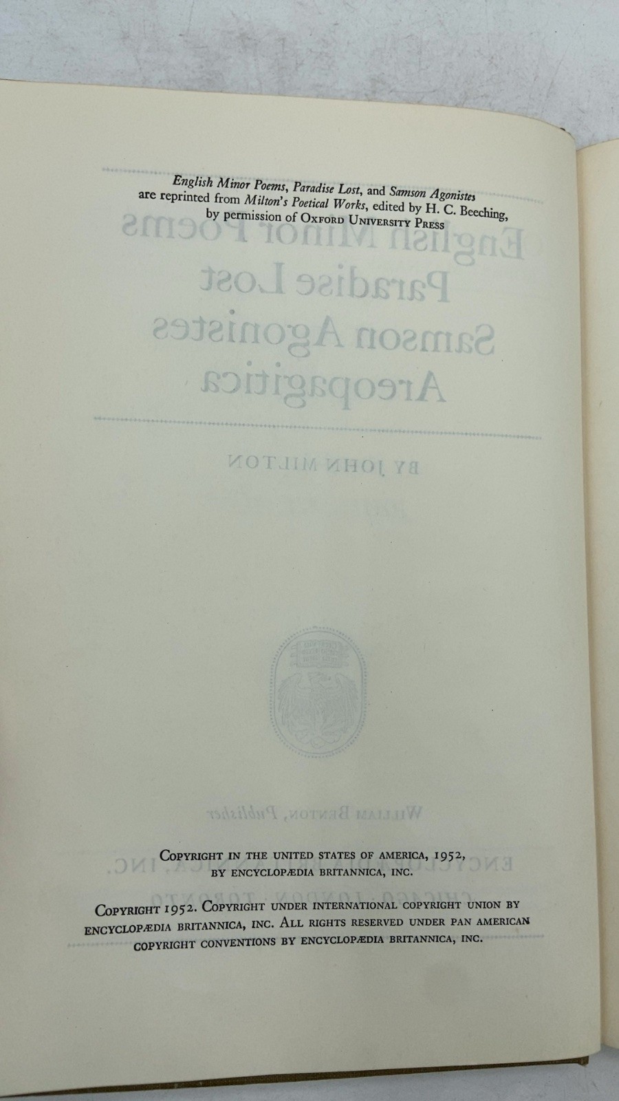 English Minor Poems Paradise Lost Samson Agonistes Areopagitica John Milton H…