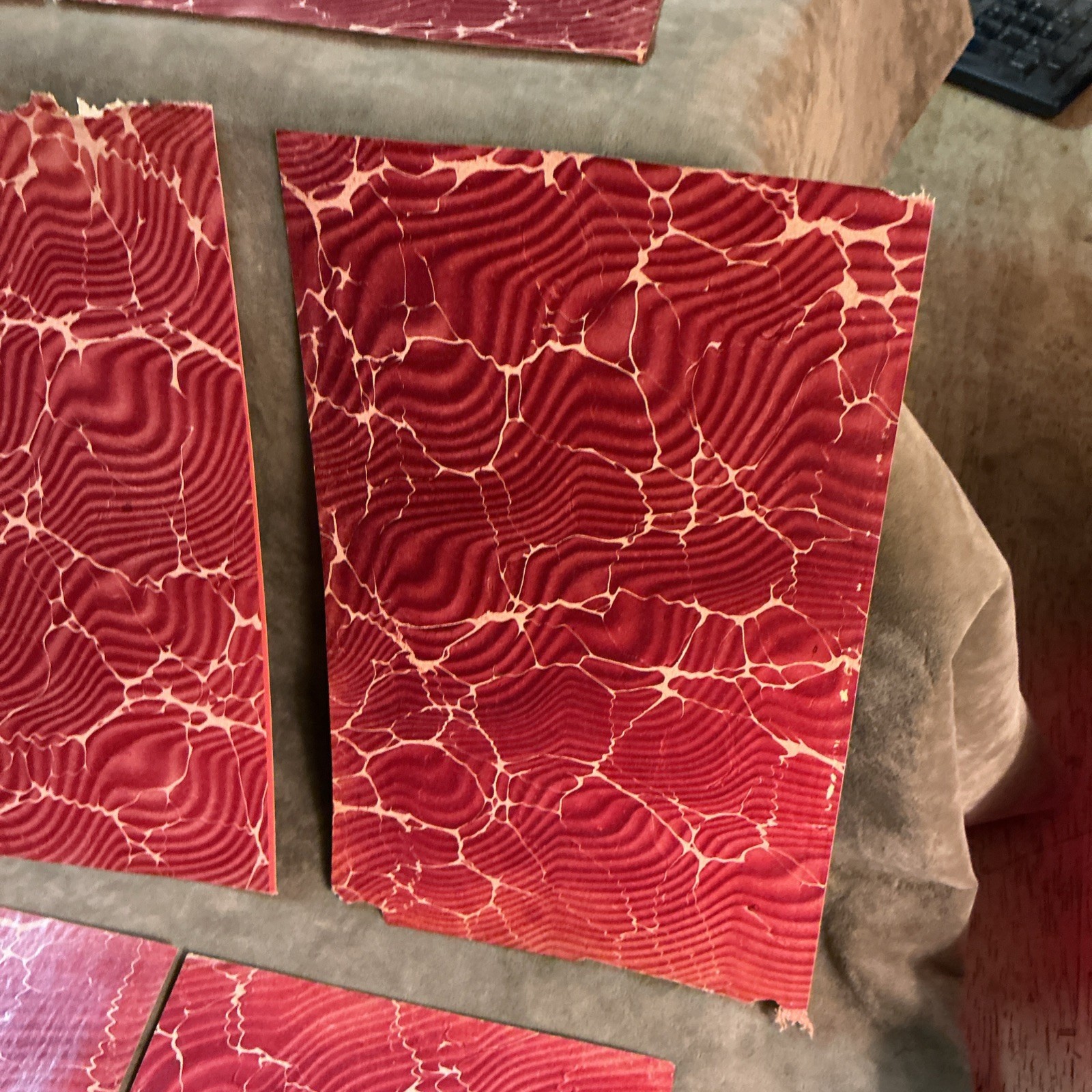 Victorian Red and White Spanish Moire Marbled Paper/Book Pieces Lot Of 8