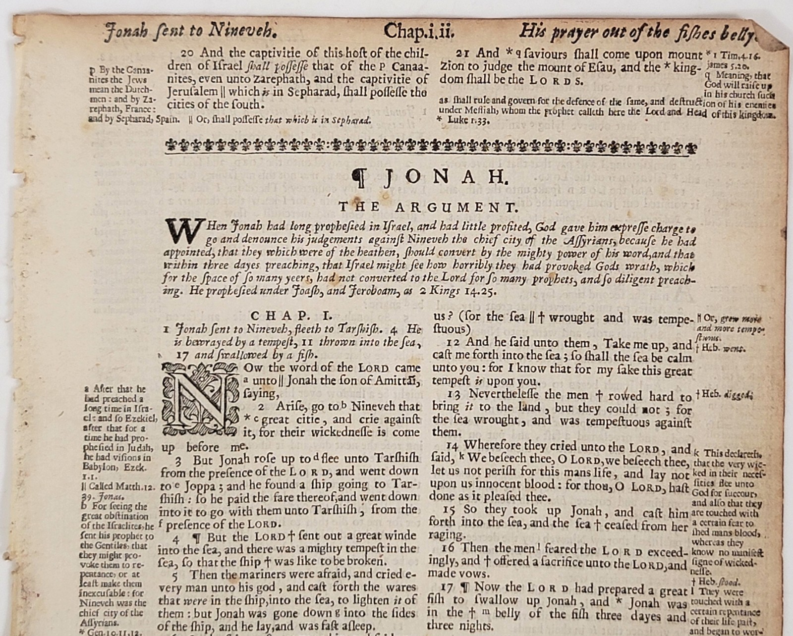 1649 King James Bible Leaf – Jonah – Sent to Nineveh – Swallowed by the Fish