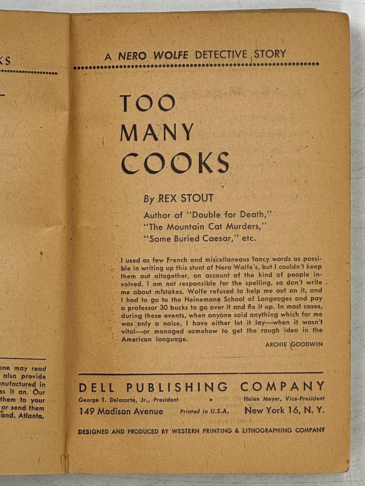 1938 REX STOUT. Too Many Cooks. VINTAGE PB