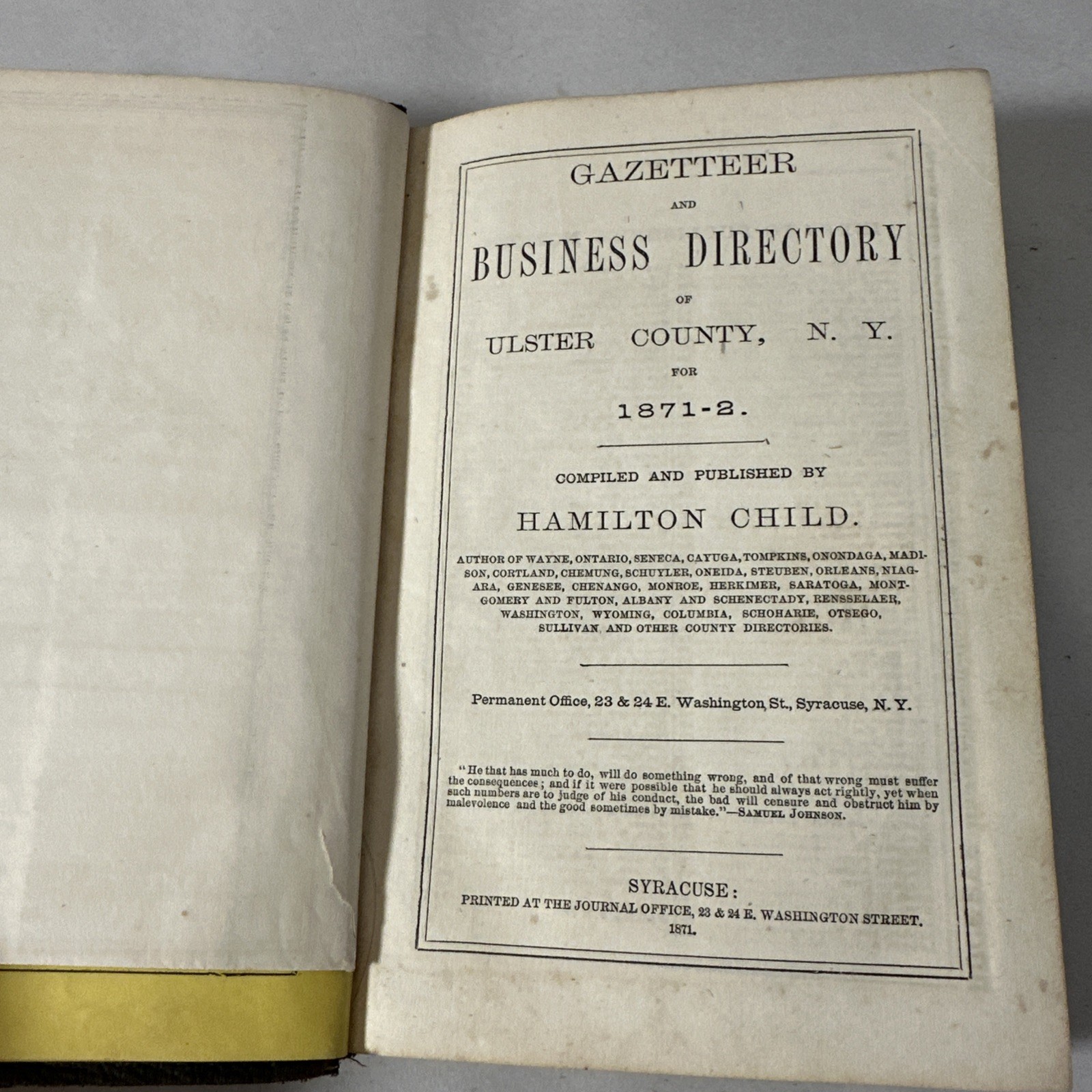 Gazetteer Business Directory Ulster County New York 1871 First Edition Book Map