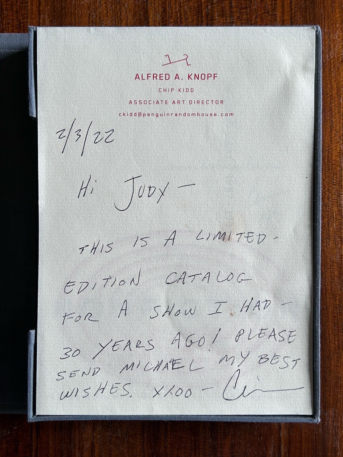 Chip Kidd Fiction, Nonfiction 1993 Exhibit Catalog Signed w/ Letter “To Judy”