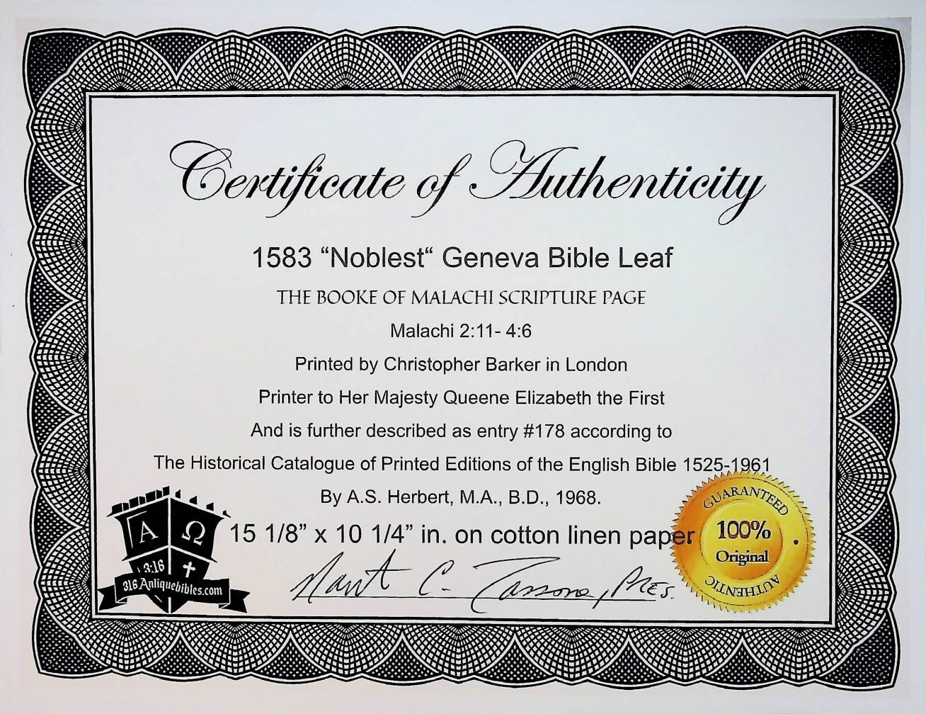 Malachi 4:6 , 1583 GENEVA BIBLE FRAMED LEAF PAGE VG NOT KJV