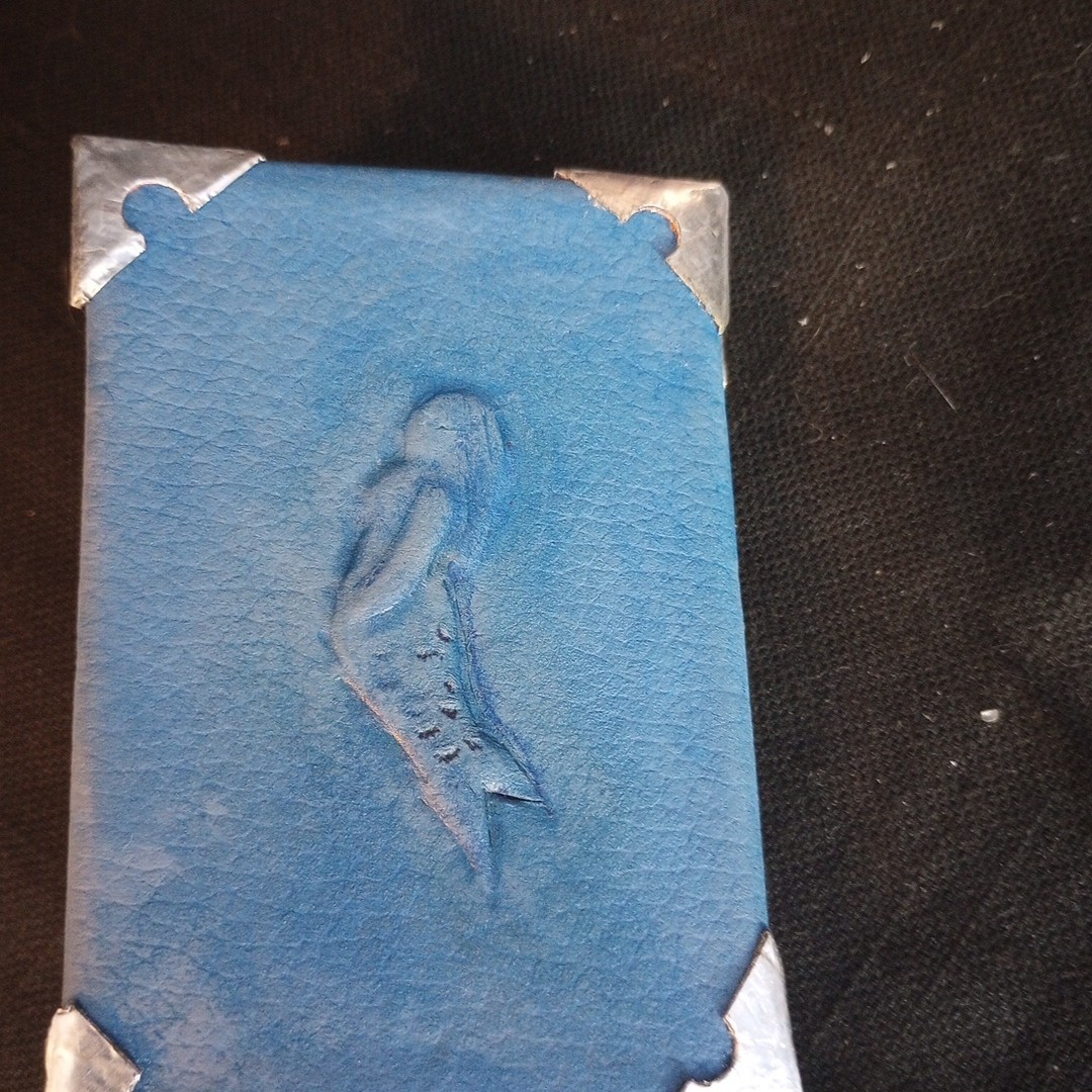 Handmade Artist Book Mini Mermaid Flag Book w embossed leather cover 3.75 x 2.5″