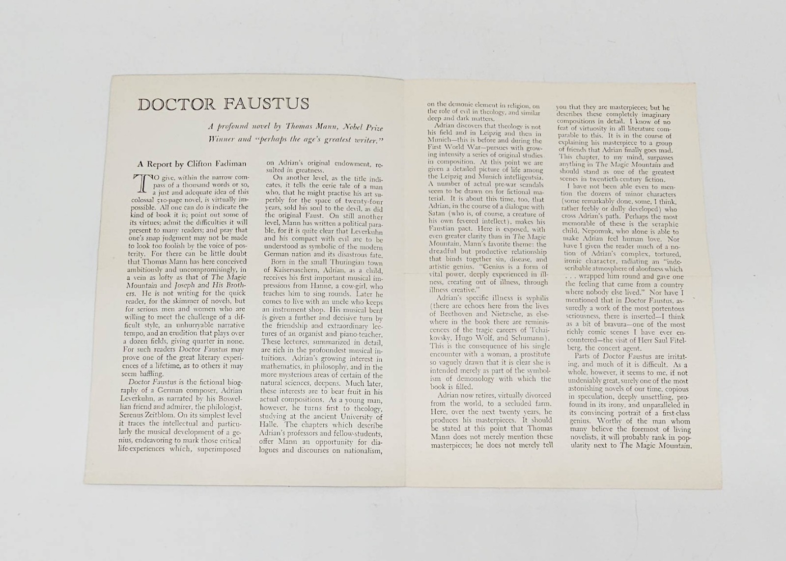 Doctor Faustus by Thomas Mann 1948 HC DJ 510 pp w Insert, American Edition