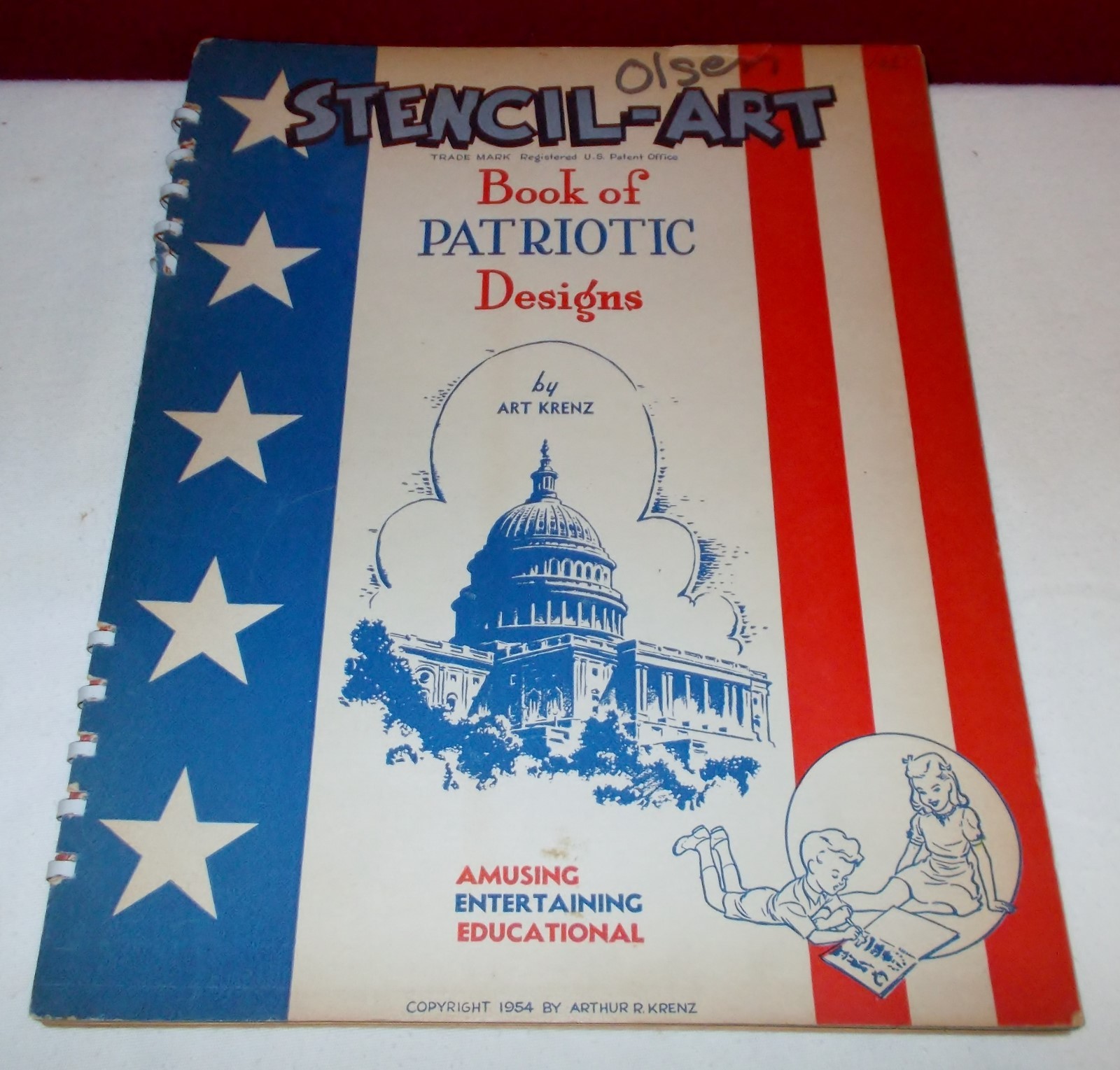 1954 STENCIL ART BOOK OF PATRIOTIC DESIGNS Art Krenz Spiral Paperback ^