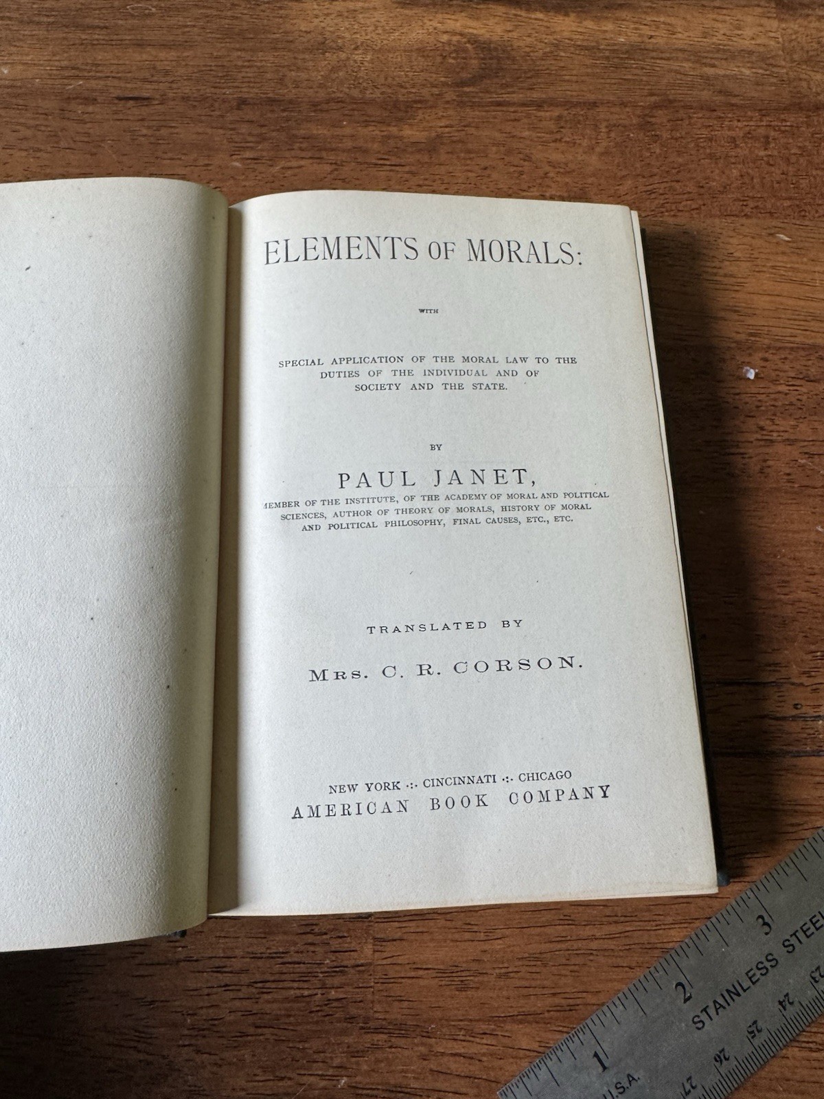 Antique Ethics Book ~ Paul Janet ~ Elements of Morals 1884 1st English