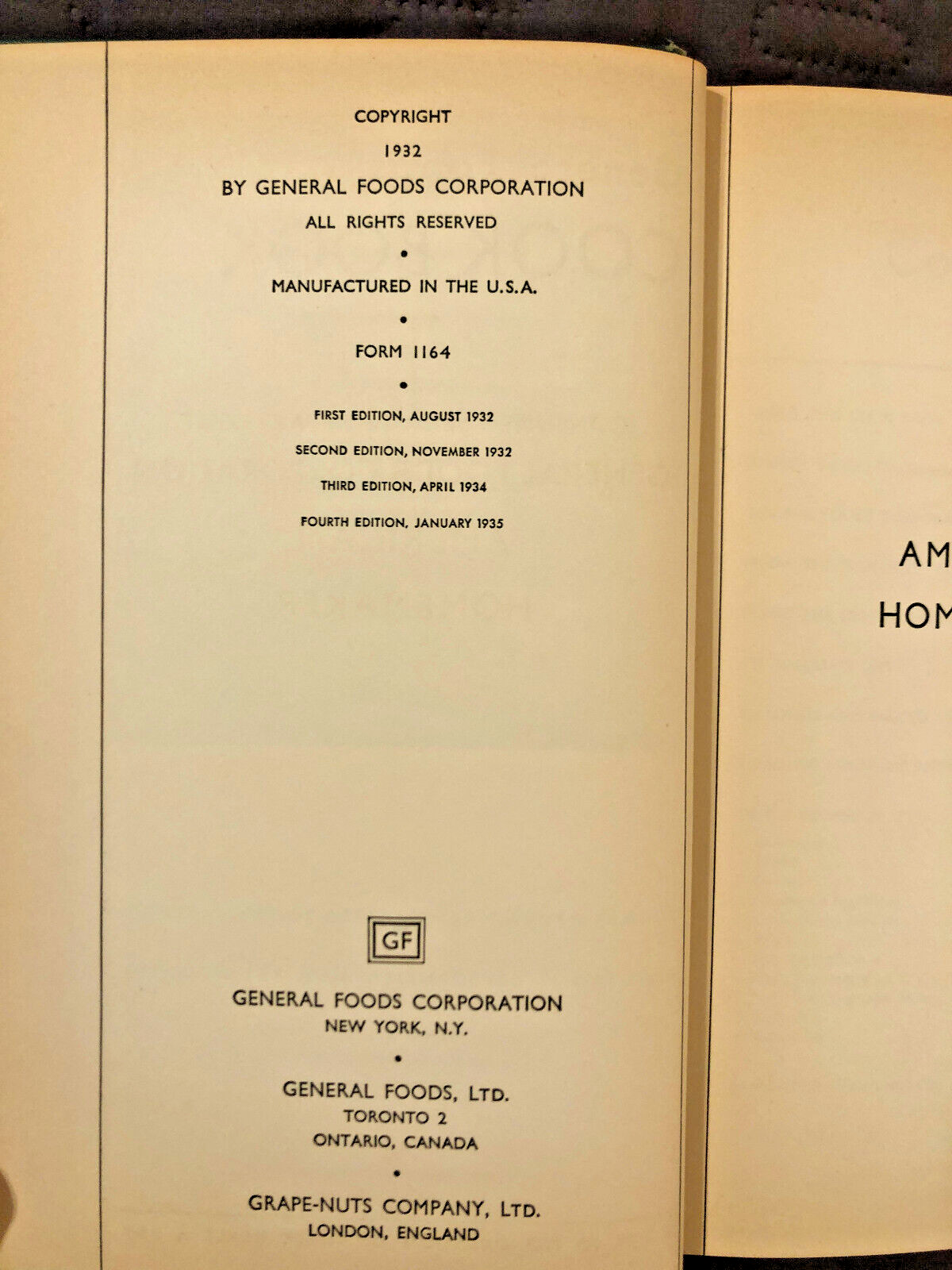 GENERAL FOODS Corporation Cook Book, 1935 4th Ed., HB ~ VINTAGE ~ Very Good-