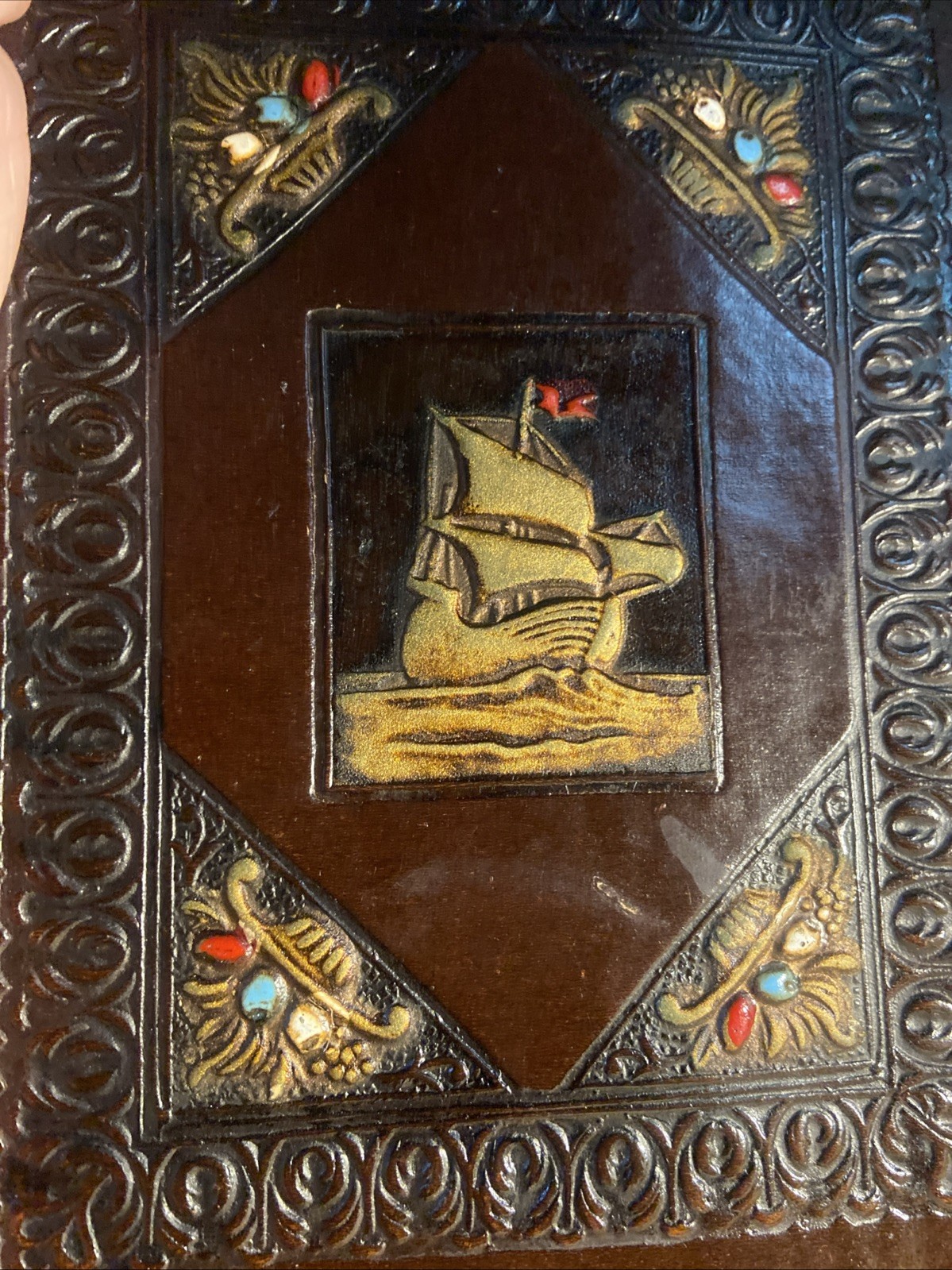 VTG Italian Embossed Leather Book Cover Featuring a Carved Sailing Ship.8″x 5.5″