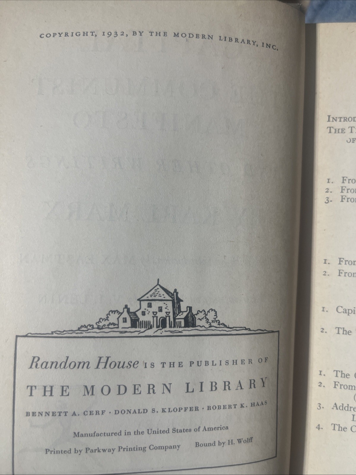 1932 Capital, The Communist Manifesto & Other Writings by Marx Modern Library HC