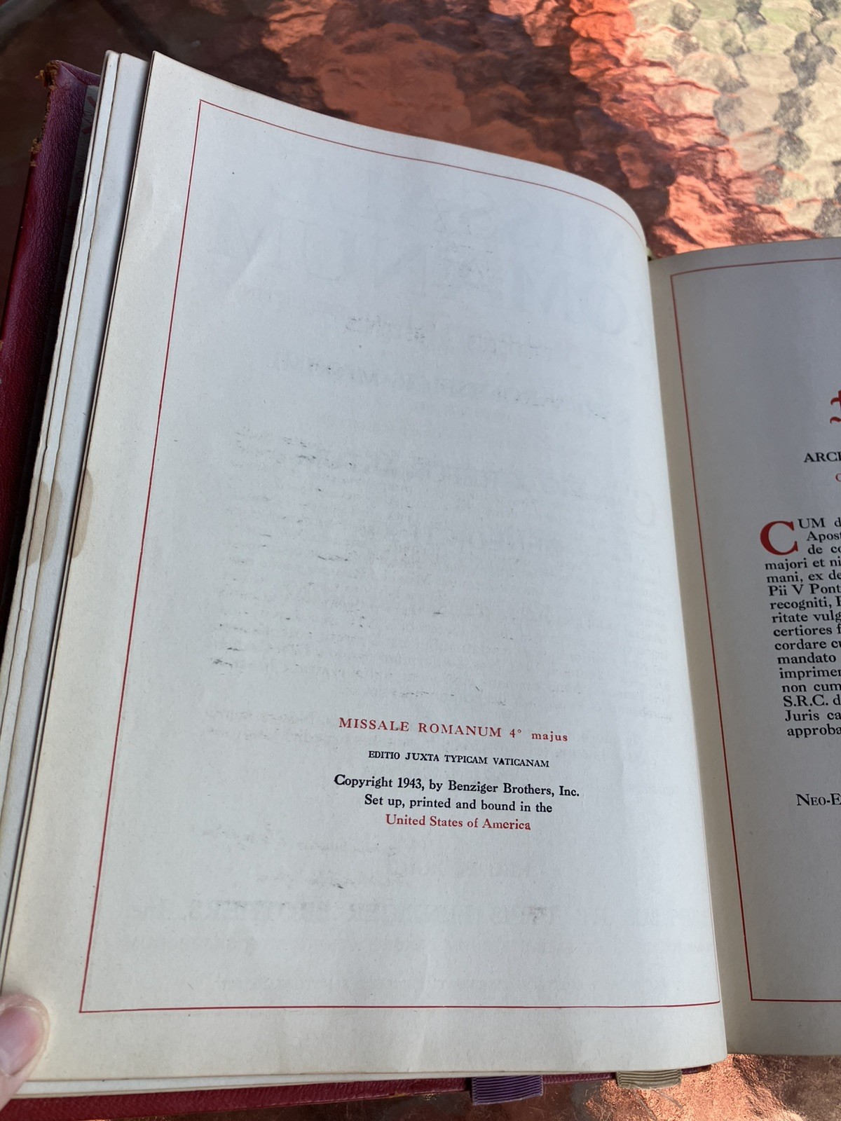 1943 Latin Romanum Missale by Benzinger Brothers Inc Vintage, USA, Large Book