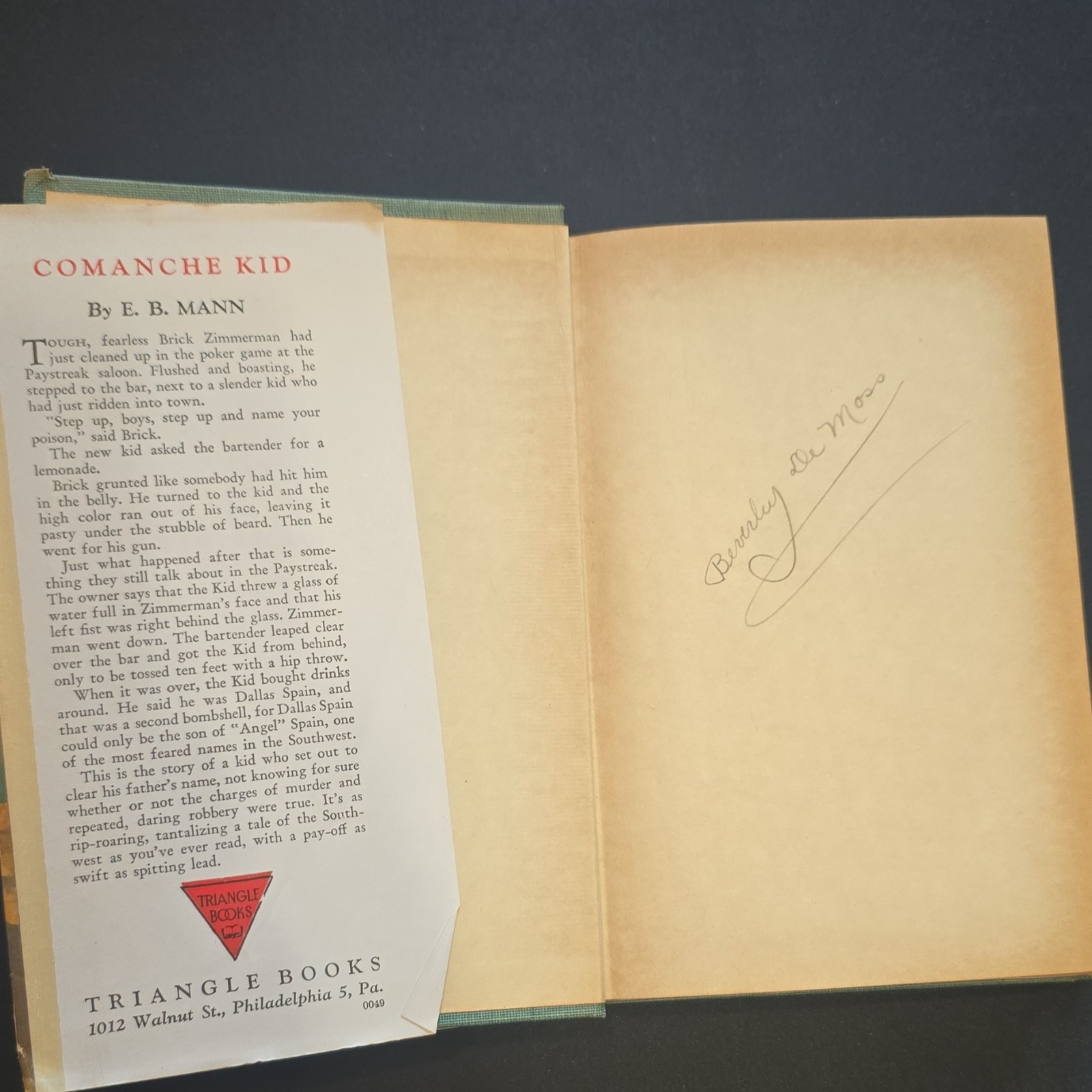 E. B. Mann Comanche Kid HC Dust Jacket Illustrated Signed Triangle Books 1936