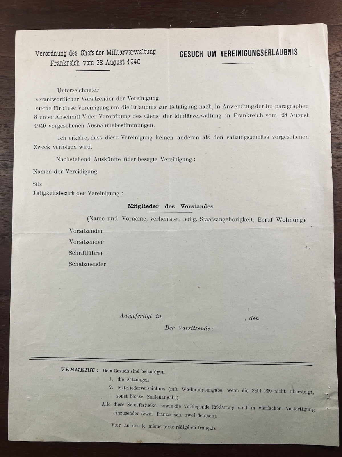 Rare WWII German Occupation Document 1940 Vichy War 1939/45