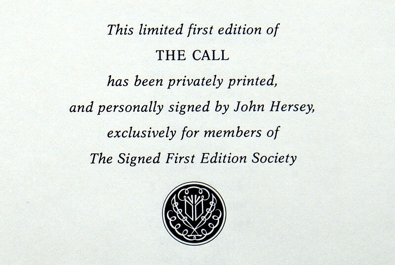 Signed True First Edition THE CALL by JOHN HERSEY ill HERBERT TAUSS Franklin ’85