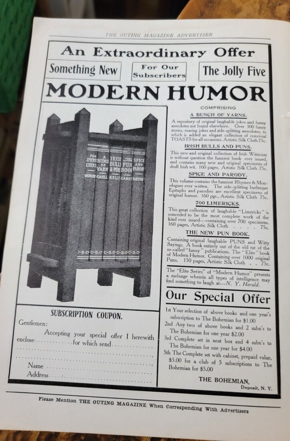 Ad For Mpdern Humor Book Set in Arts & Crafts Book Rack from 1908 The Outing