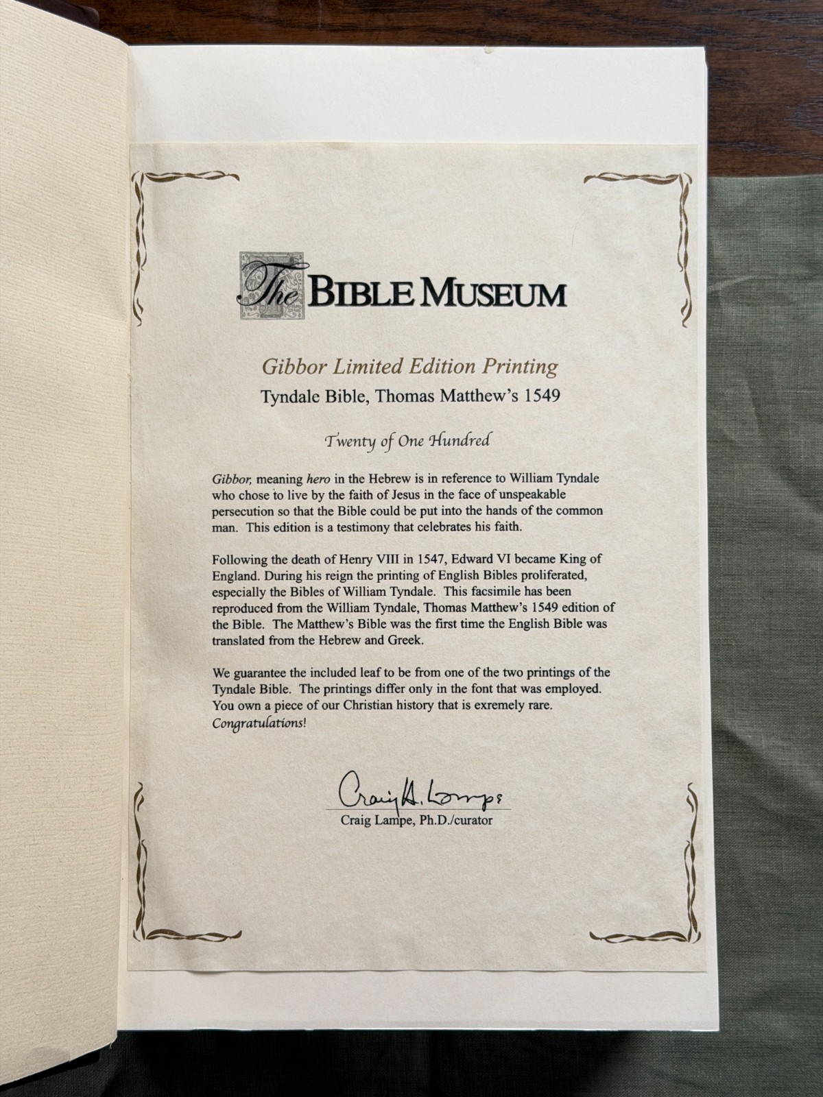 1549 Matthew’s Tyndale Bible Facsimile Leather Gibbor Edition w/ Original Leaf