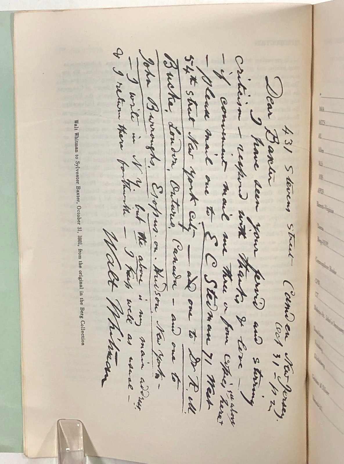 Edwin H Miller / Walt Whitman’s Correspondence A Checklist 1st Edition 1957