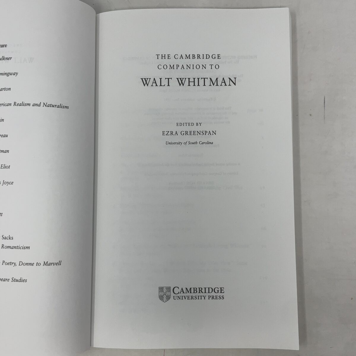 Cambridge Companion to Walt Whitman by Ezra Greenspan PB First Edition Like New