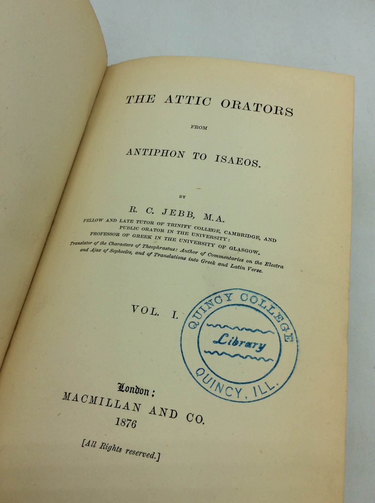 THE ATTIC ORATORS FROM ANTIPHON TO ISAEOS – R.C. Jebb – 1876 – 2 vol – classical