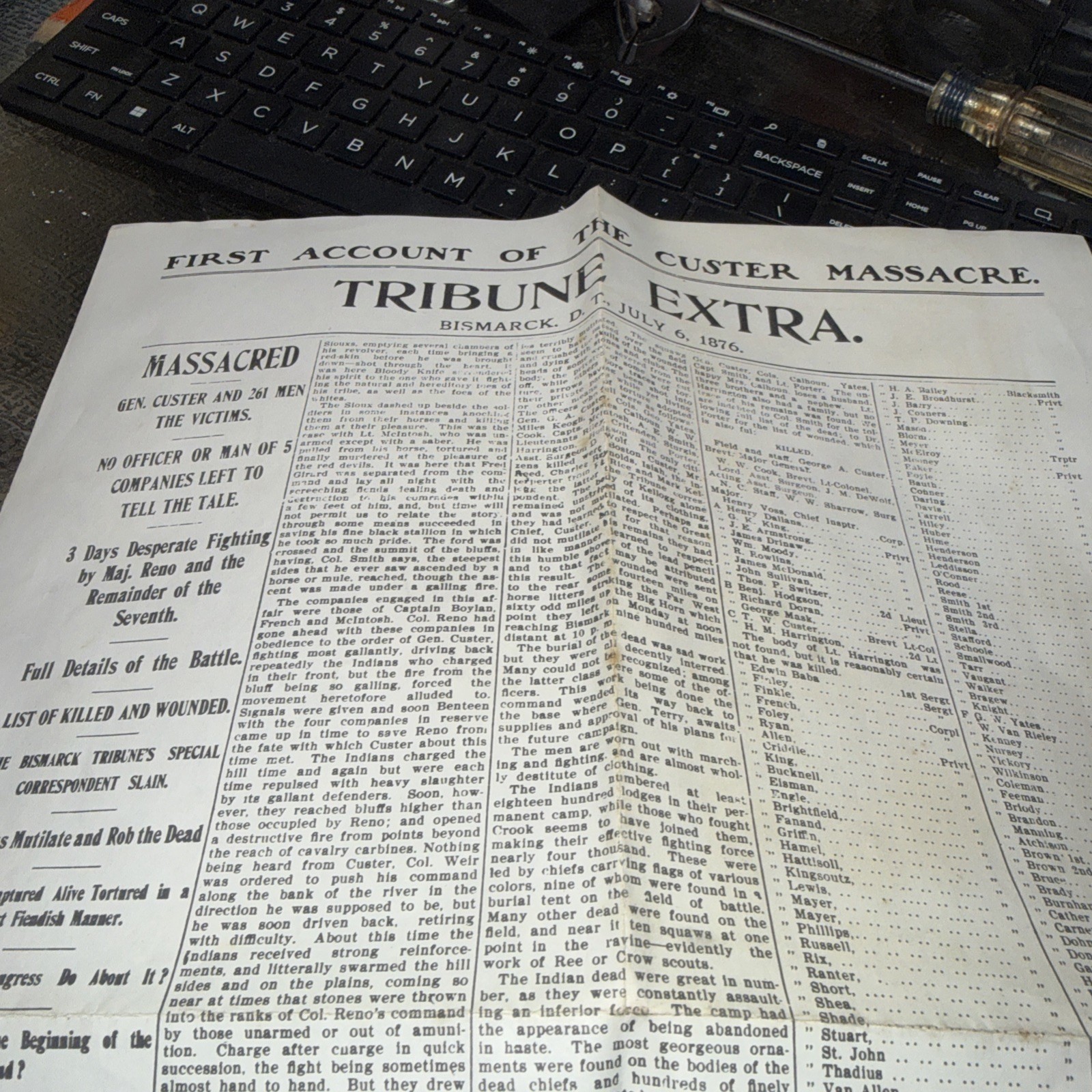 Reproduction Of The July 6 1876 Tribune Extra- First Account of Custer Massacre