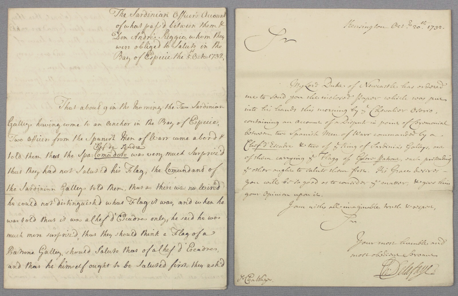 1732 Naval Manuscripts – Mediterranean Salute – Admiral Wager + Duke Newcastle