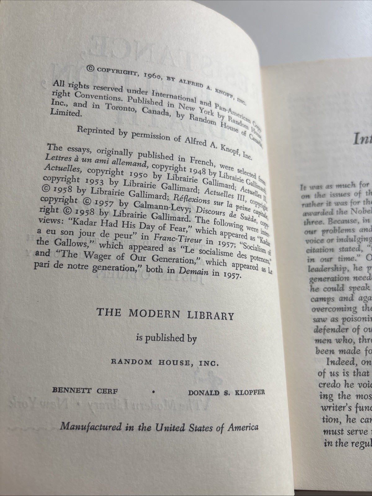 Albert Camus RESISTANCE REBELLION AND DEATH 1960 The Modern Library #339 HC/DJ